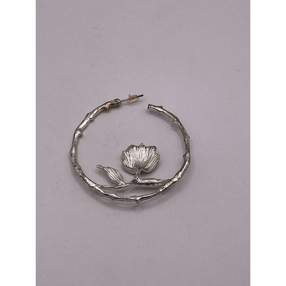 Single Silver Hoop Earring With Rose Design & Bamboo Textured Hoop - Picture 2 of 3